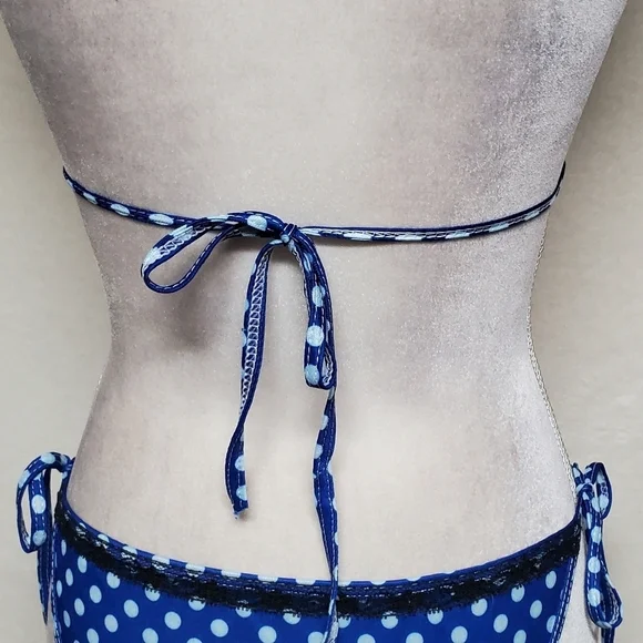 90s Vintage OOAK Handmade Blue Polka-dot Black Lace Side-Tie Triangle Bikini S - Picture 13 of 16